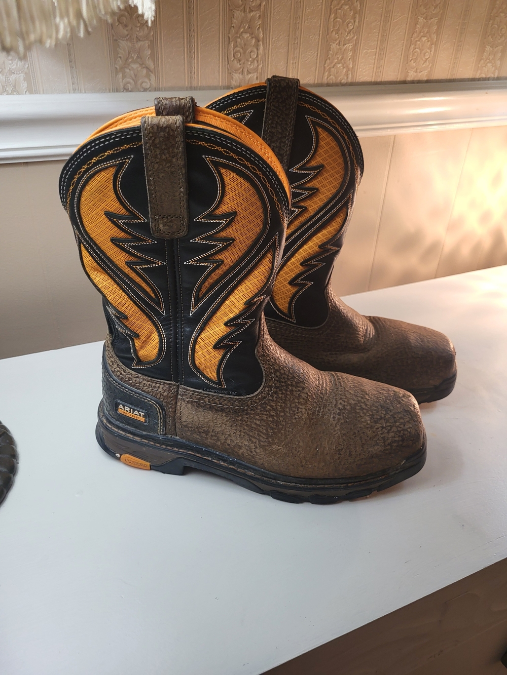 Ariat Mens' Brown and Yellow Western Work Boots, Size 9